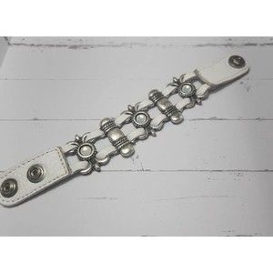 Leatherock White Multi Strand Leather Snap Bracelet Rhinestone Cuff 7.5"L x 1" W
